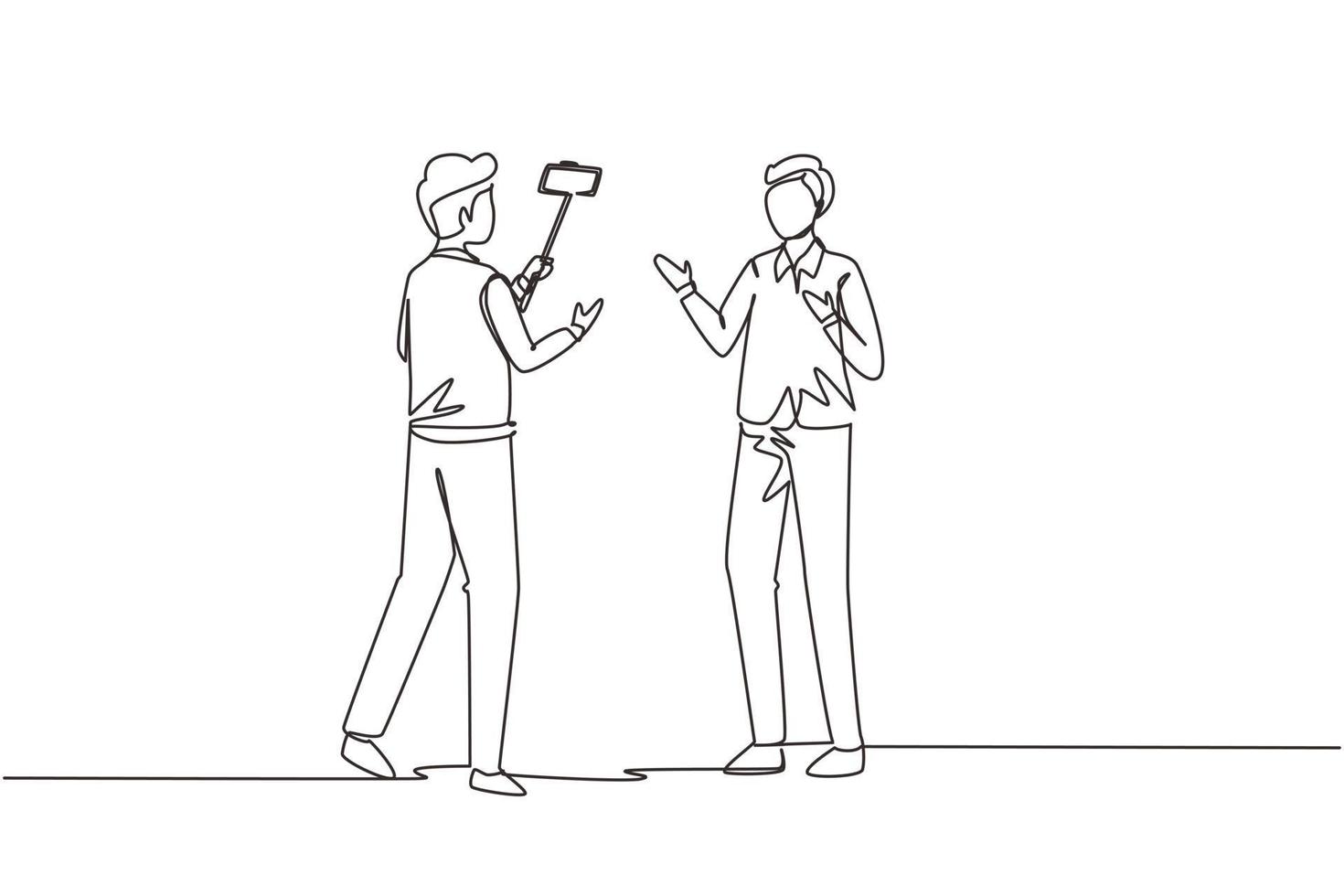 Single continuous line drawing presenter filming video blog with an operator on the street. Man bloggers, journalists filming with professional smartphone and videographer. One line draw design vector