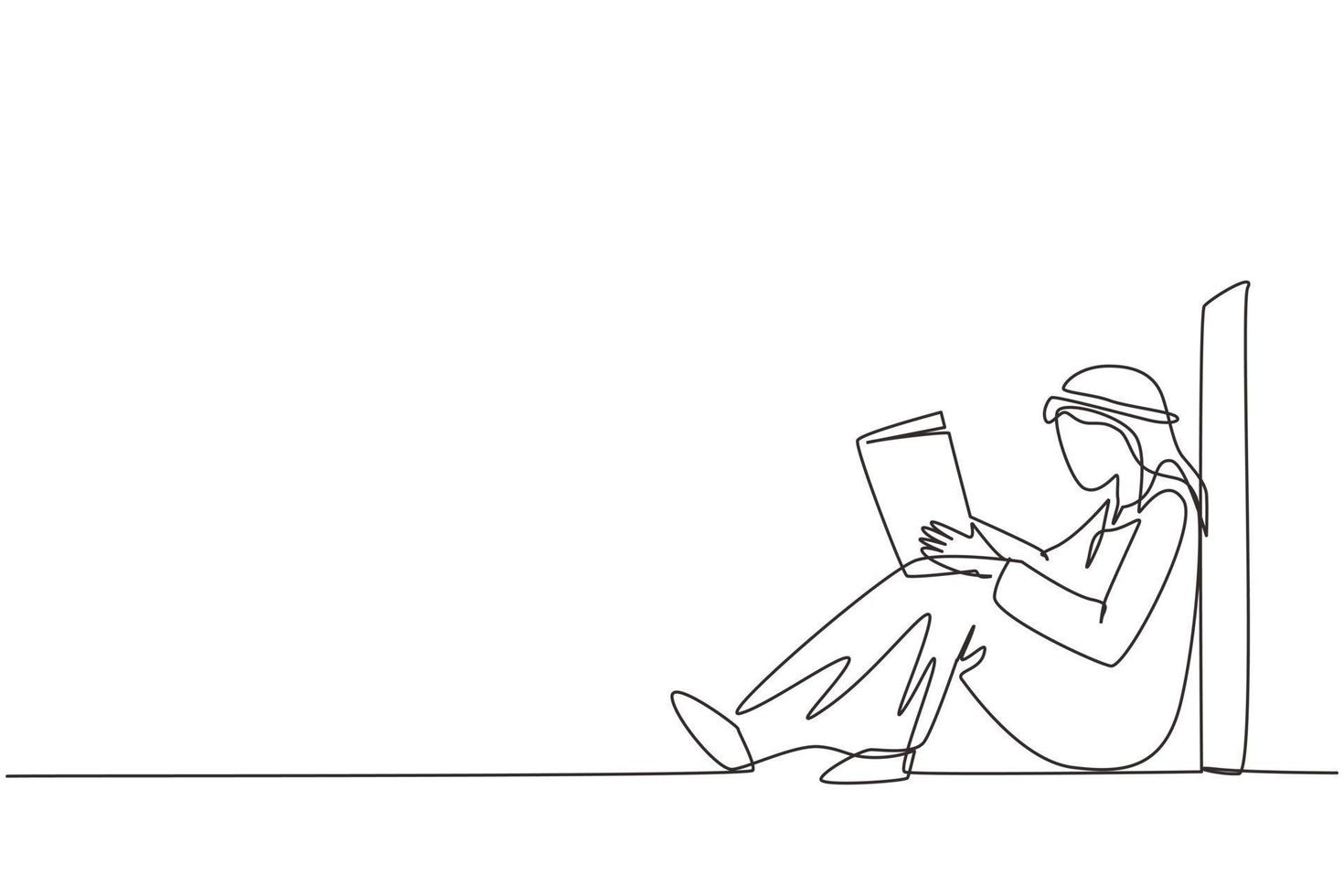 Single continuous line drawing young Arab man sit on floor, reclined on wall of library, read book. Guy studying and reading textbook. Reader sitting on floor and learning. One line draw design vector