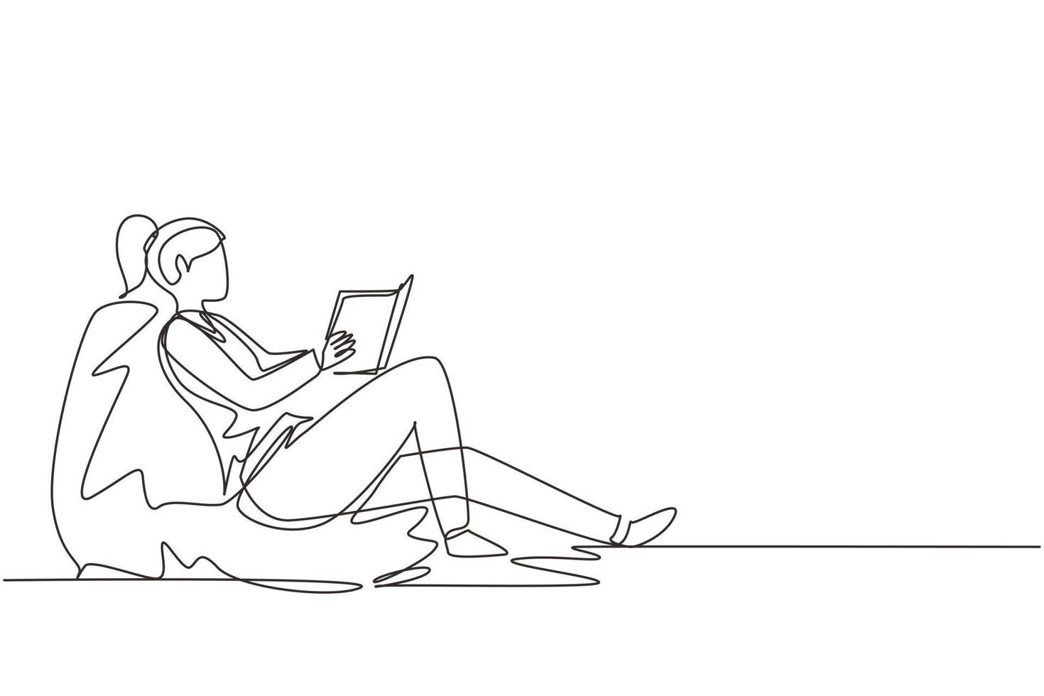 Continuous one line drawing girl on sofa in room reading book and having rest. Young woman reads book on couch at cozy home. Girl sitting on sofa, reading book, resting. Single line draw design vector