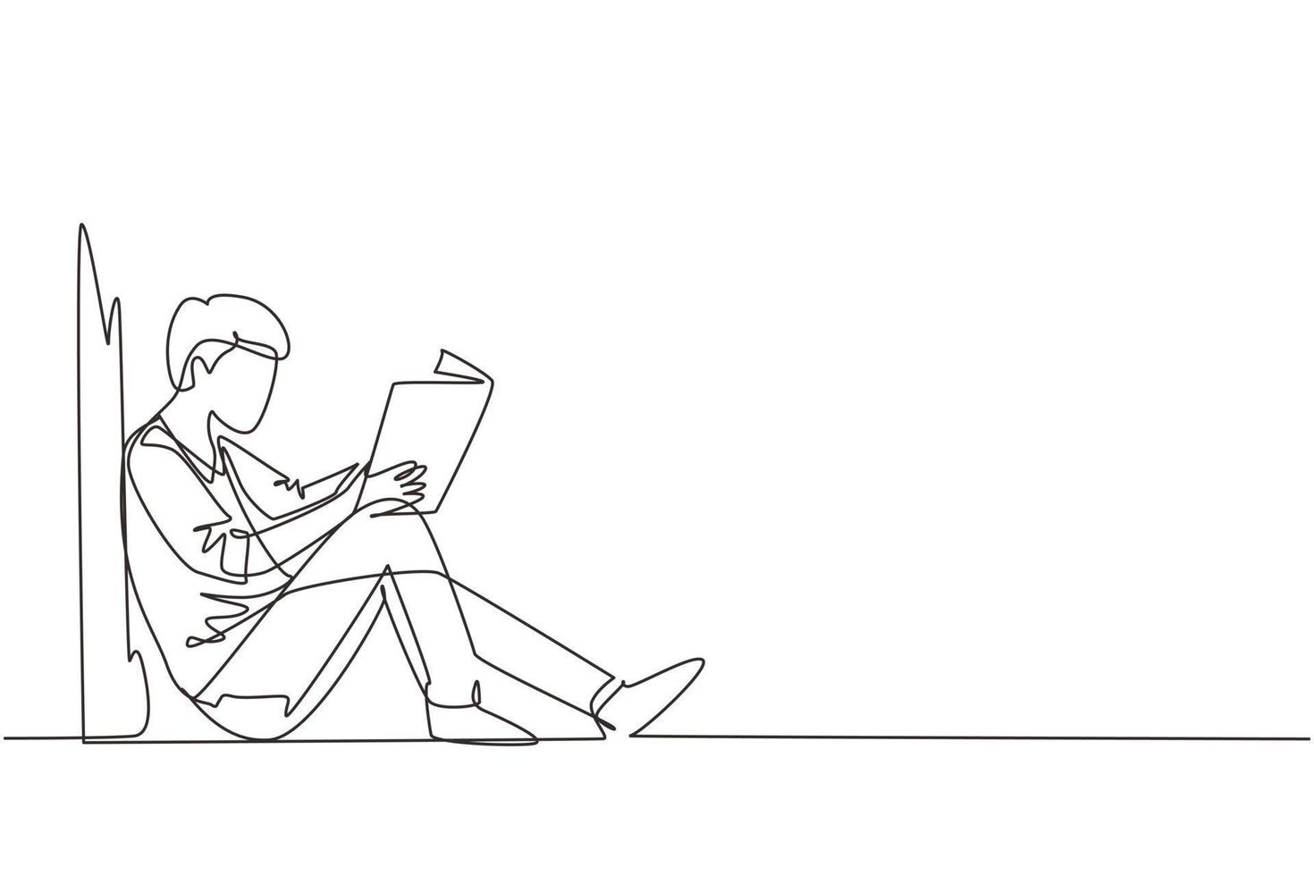 Continuous one line drawing young man sit on the floor, reclined on wall of library, read book. Guy studying and reading textbooks. Reader sitting on floor and learning. Single line draw design vector