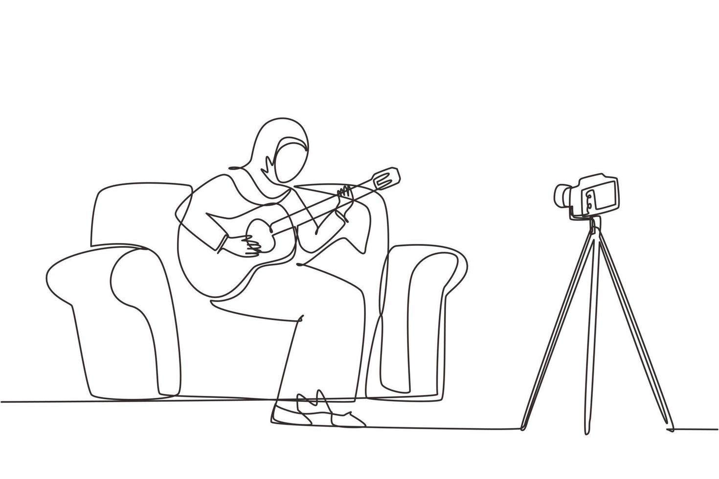 Continuous one line drawing Arab woman blogger recording, live steam playing guitar on social media. Concept of guitarist online lesson while stay at home. Single line draw design vector illustration