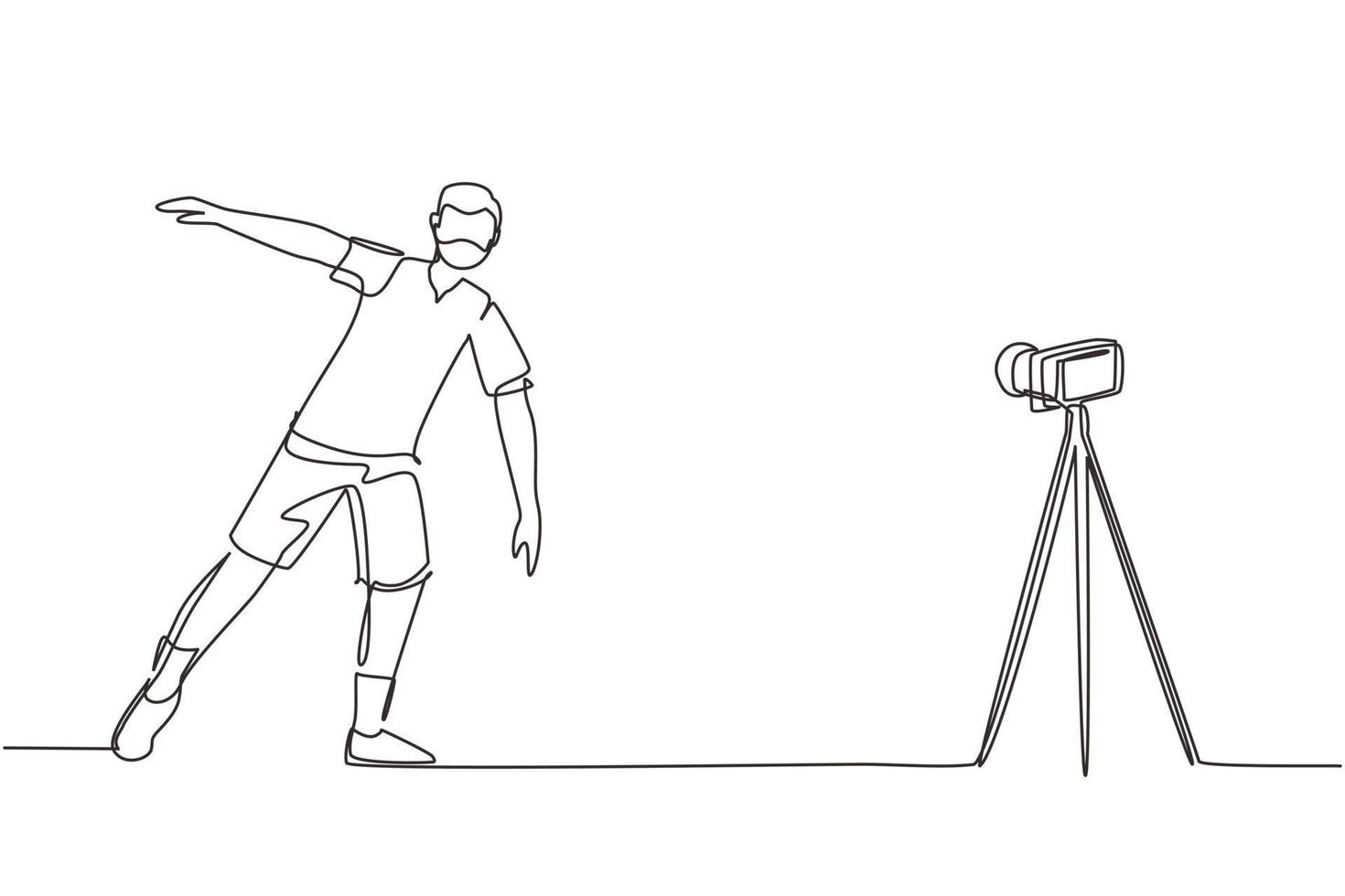 Continuous one line drawing happy young Arab man doing exercise on mat with camera. Shooting video for blog on video camera. Online training. Sport at home. Single line draw design vector illustration