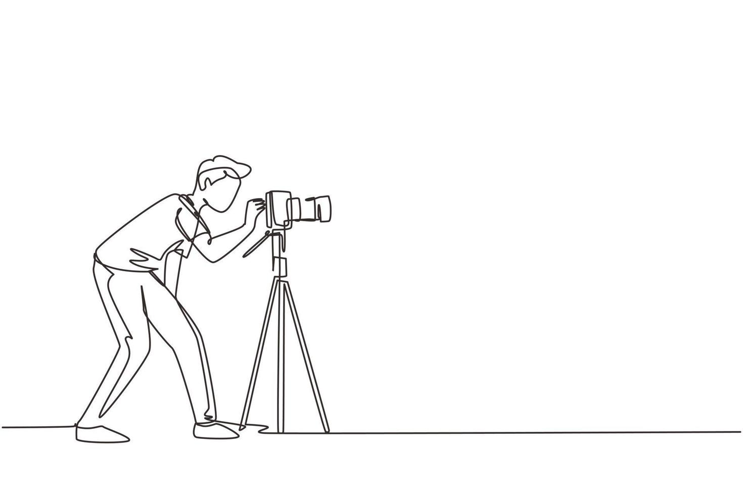 Continuous one line drawing super equipment photographer, Man holding, aiming cameras with standing tripod, Carrying accessories for photographing. Single line draw design vector graphic illustration