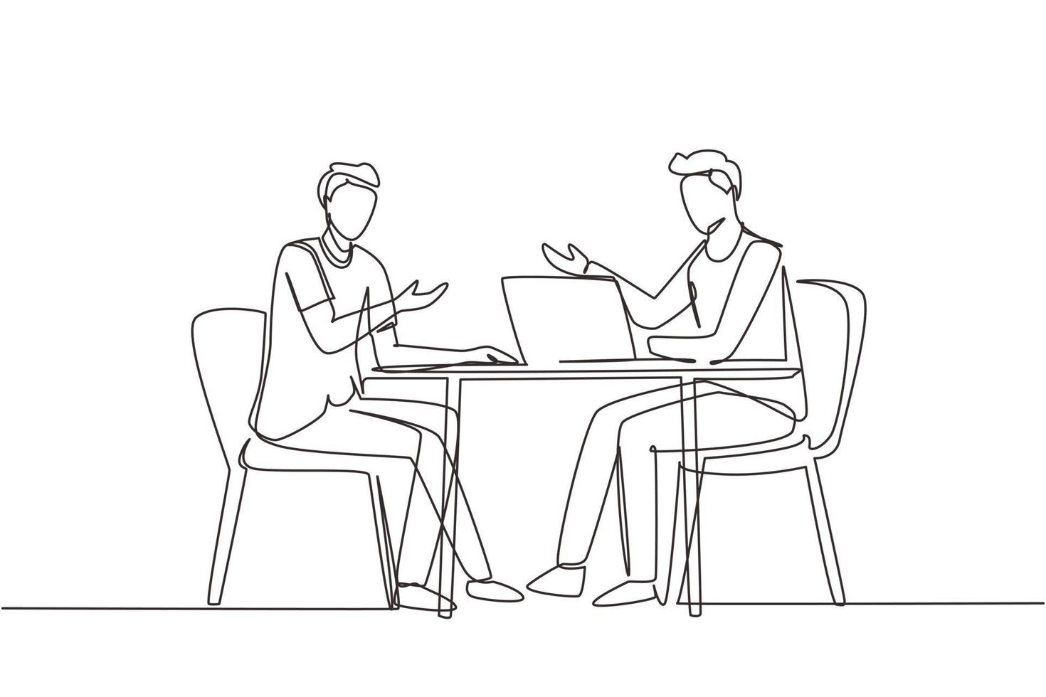 Single continuous line drawing male interviewing famous person in studio for tv show. Concept of television or internet broadcast with journalist talking to celebrity. One line draw design vector