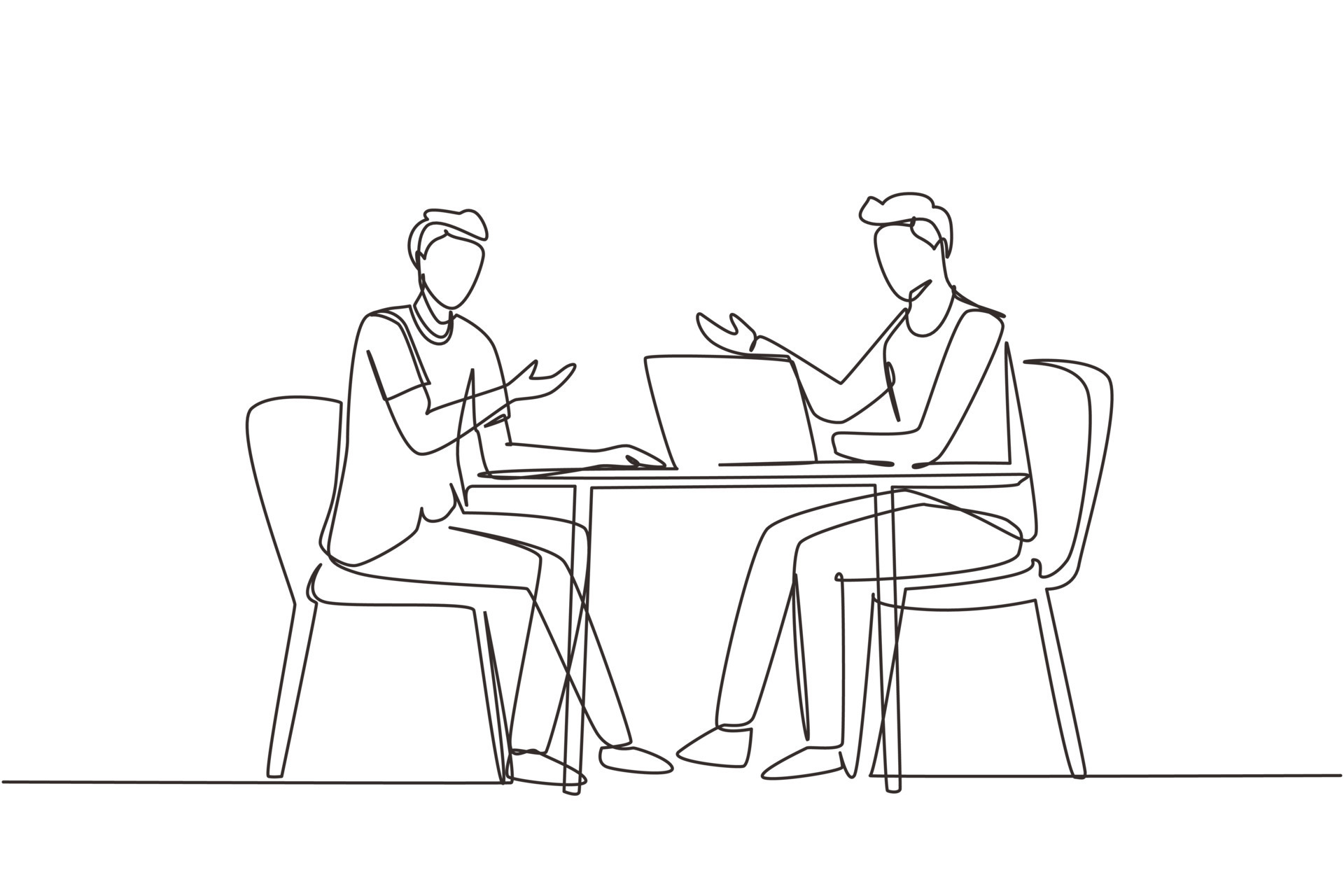 Single continuous line drawing male interviewing famous person in