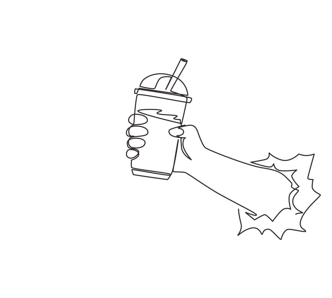 Continuous one line drawing hand holding plastic cup of famous Taiwanese bubble tea through torn white paper. Take away glass with pearl milk tea. Single line draw design vector graphic illustration