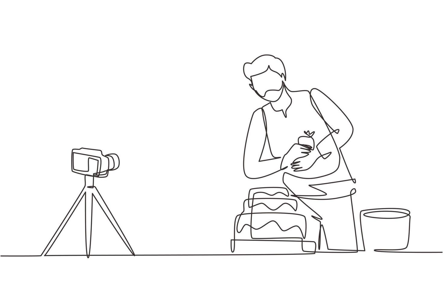 Single one line drawing food blogger creating content. Arab man shooting cooking video using camera on tripod. Chef baking, decorating cake at kitchen. Continuous line draw design vector illustrating