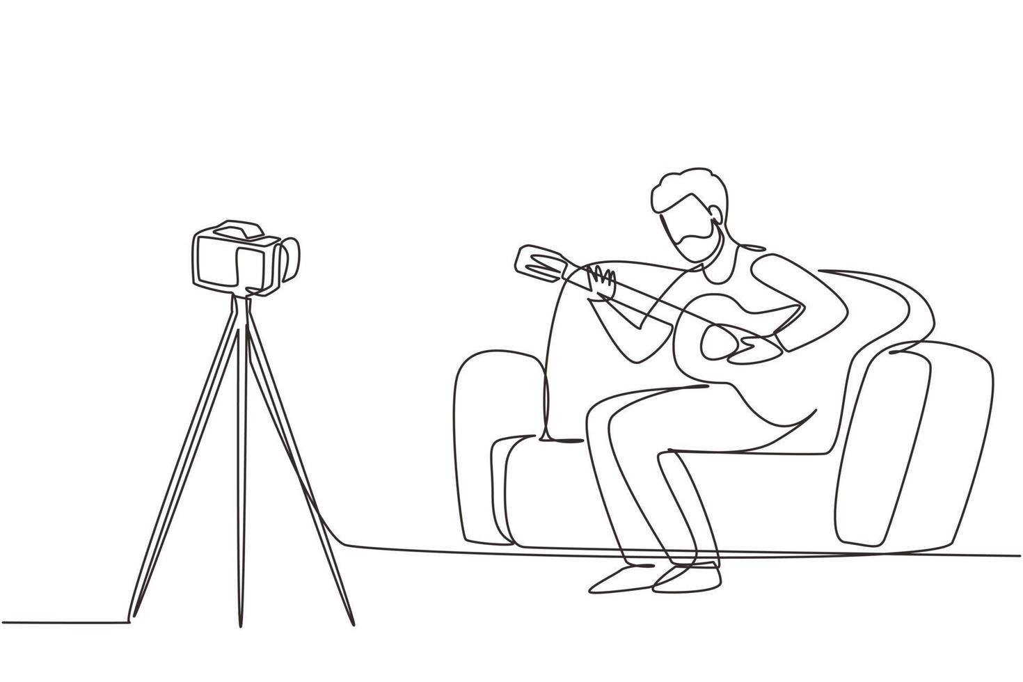 Single one line drawing Arabic man recording video of his playing guitar by camera on tripod. Male vlogger influencer performing music for show to streaming digital. Continuous line draw design vector