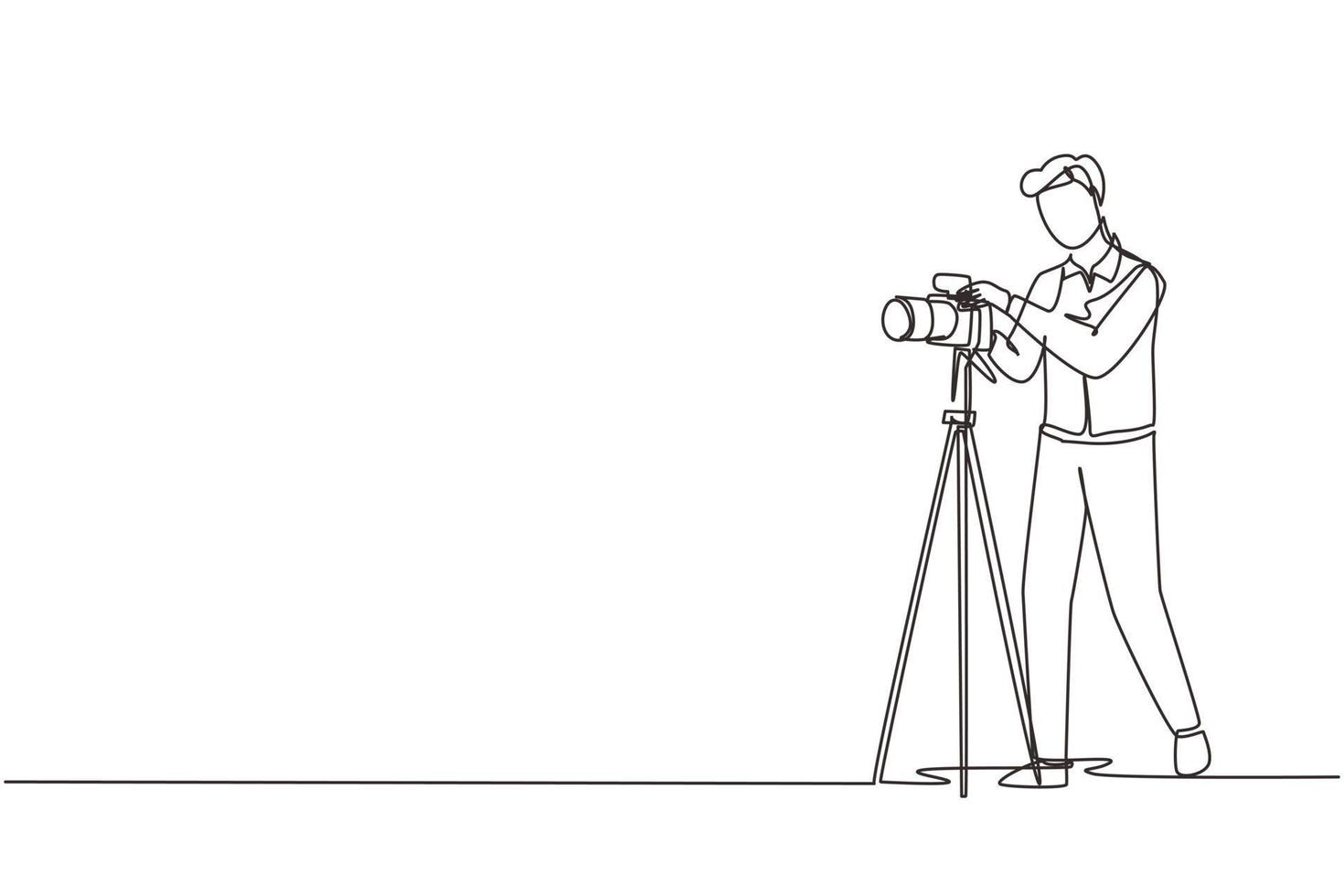 Single continuous line drawing photographer taking photos using professional equipment set, Man with camera making pictures. Studio photo equipment. One line draw graphic design vector illustration