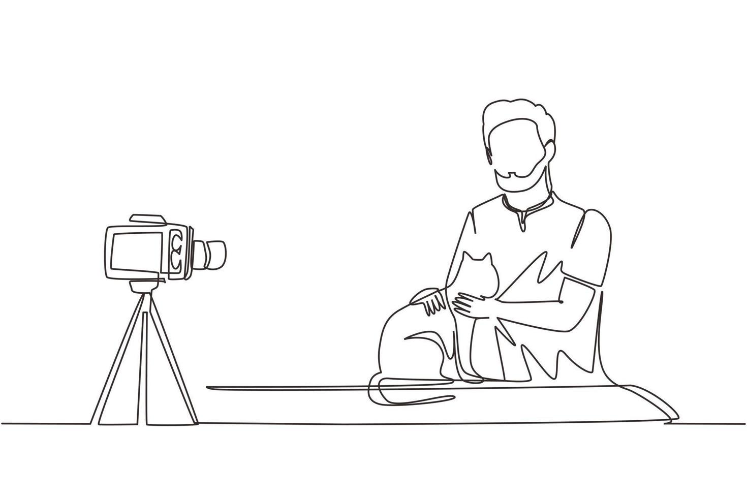 Continuous one line drawing teenage pet blogger. Arabian teen boy with cat recording video on camera. Hobbies and leisure, blogging about pet, animal lover. Single line draw design vector illustration
