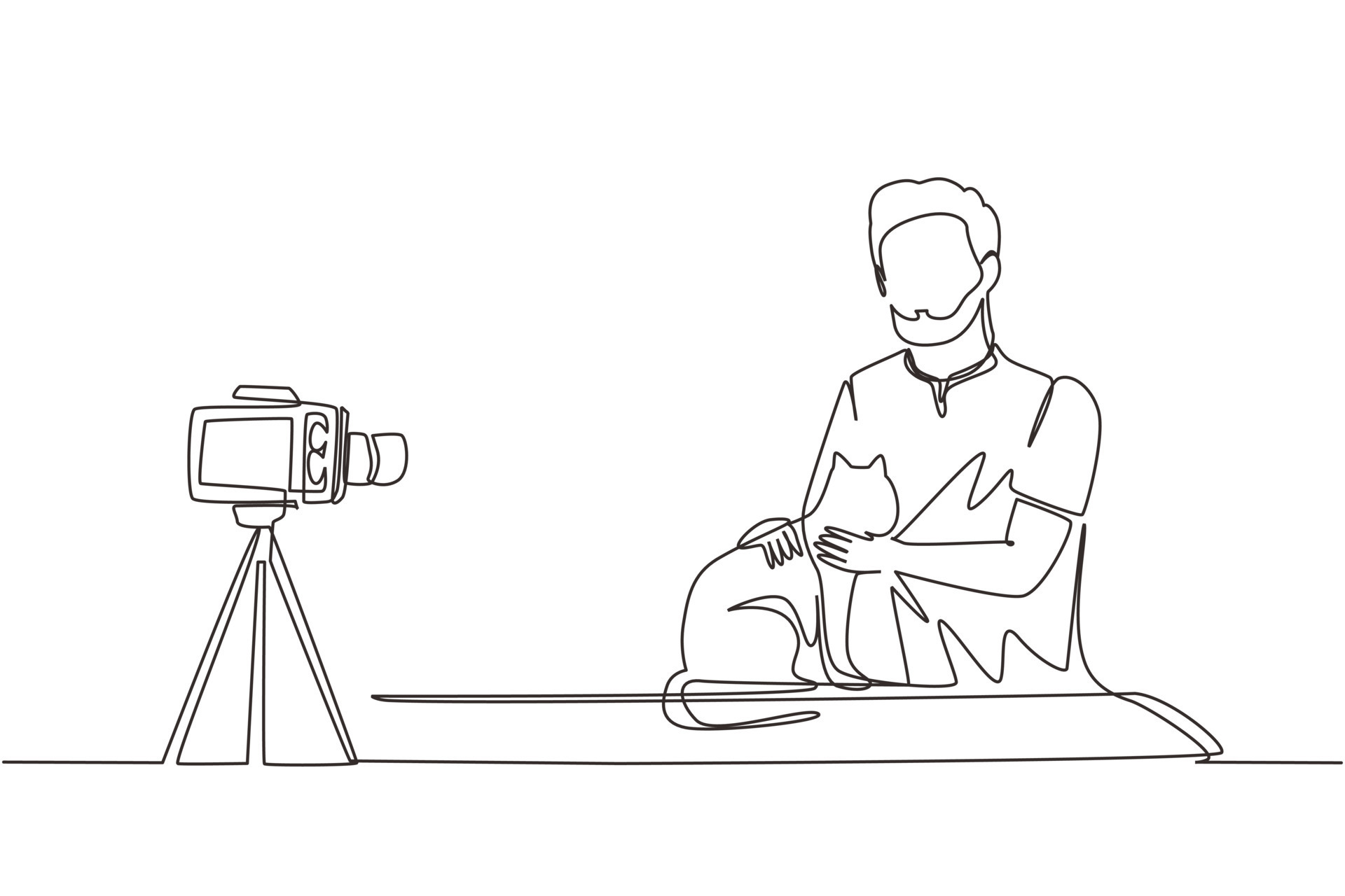Continuous one line drawing teenage pet blogger. Arabian teen boy with cat  recording video on camera. Hobbies and leisure, blogging about pet, animal  lover. Single line draw design vector illustration 8721209 Vector