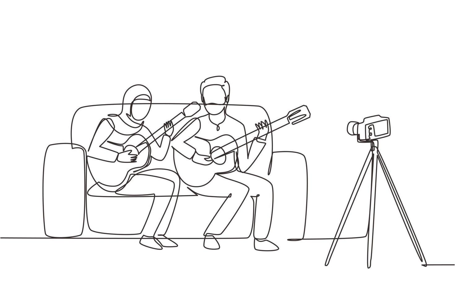 Single continuous line drawing Arabian couple vlog influencer performing music show to streaming online audience listening at home. Man woman playing guitar and sing song. One line draw design vector