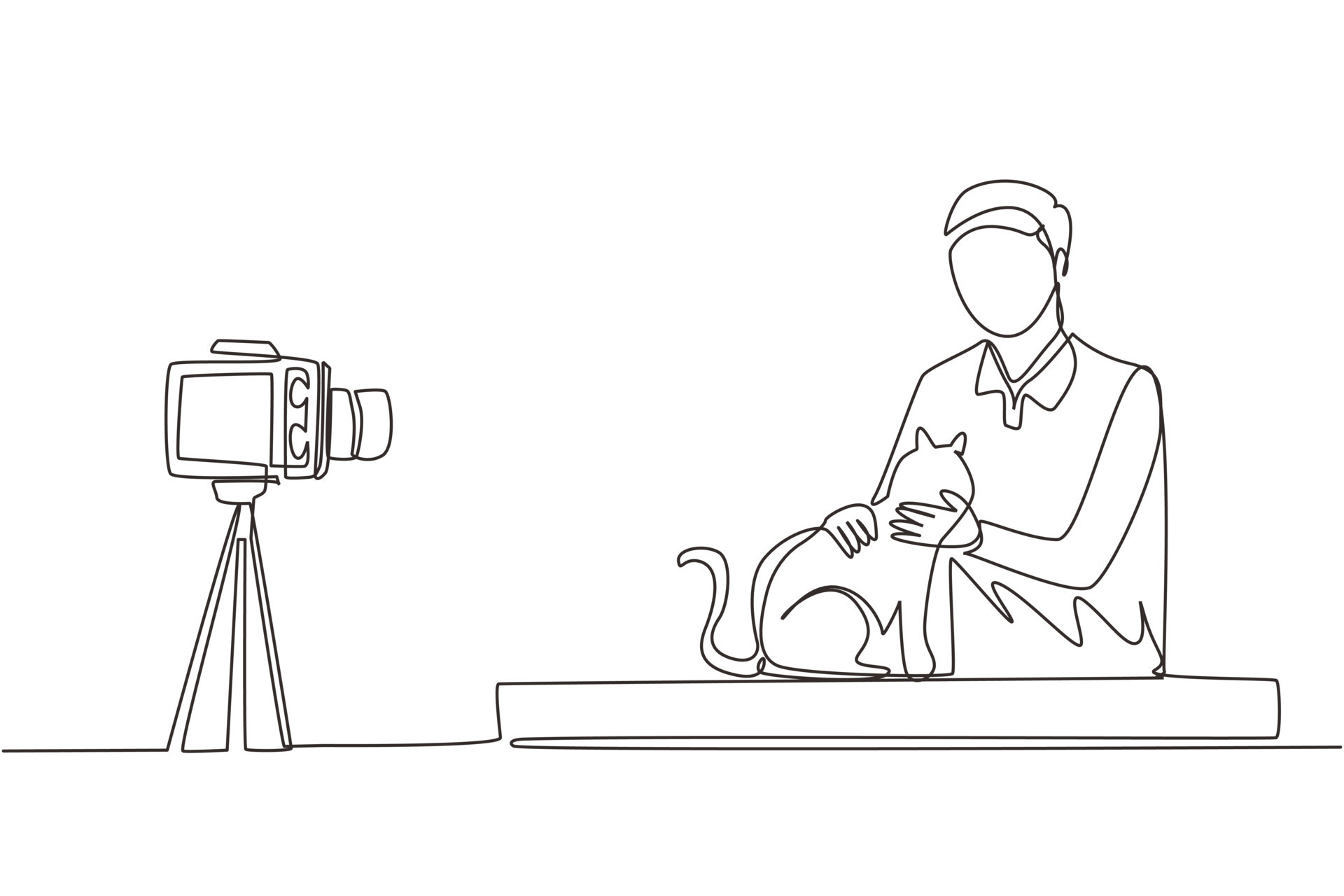 Single one line drawing teenage pet blogger. Teen boy with cat recording  video on camera. Hobbies and leisure, blogging about pet, animal lover.  Continuous line draw design graphic vector illustration 8721215 Vector