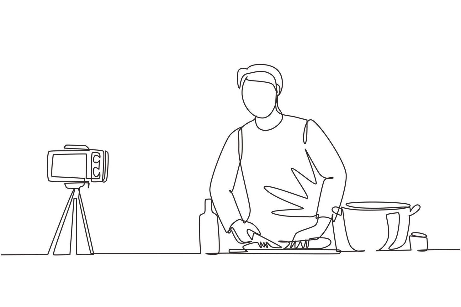 Single one line drawing chef in uniform standing in kitchen and cutting onion while filming himself for blog. On kitchen counter are vegetables, spices. Continuous line draw design vector illustration