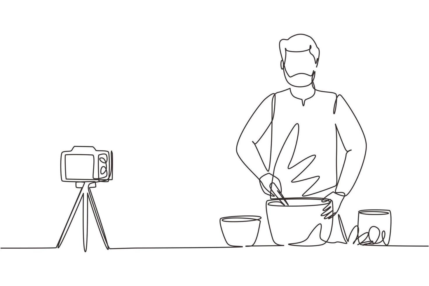 Single continuous line drawing vegetarian food blogger, Arabian man stir and cook vegetable salad. Online culinary course tutorials, foods preparation vlog. One line draw design vector illustration