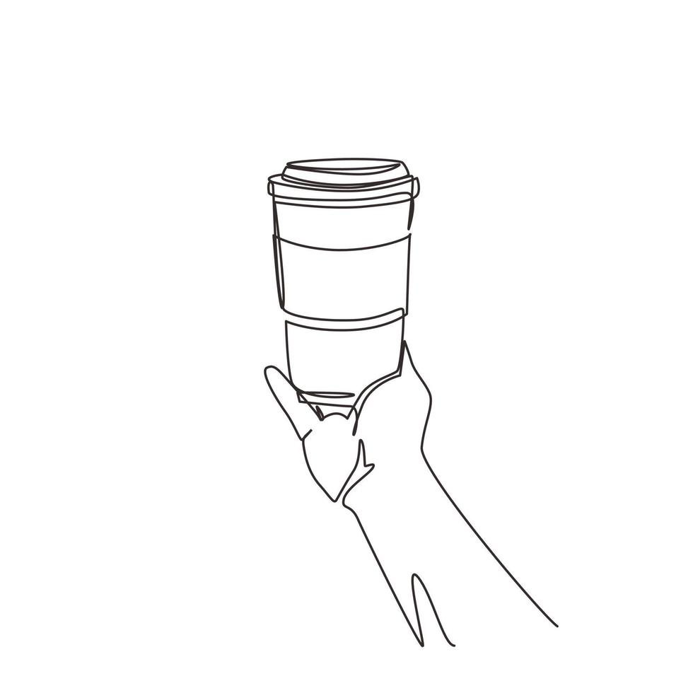 Continuous one line drawing coffee disposable cup in businessman hand. Coffee cup in line graphic. Hand of man holds coffee cup icon. Symbol of coffee mug. Single line draw design vector illustration