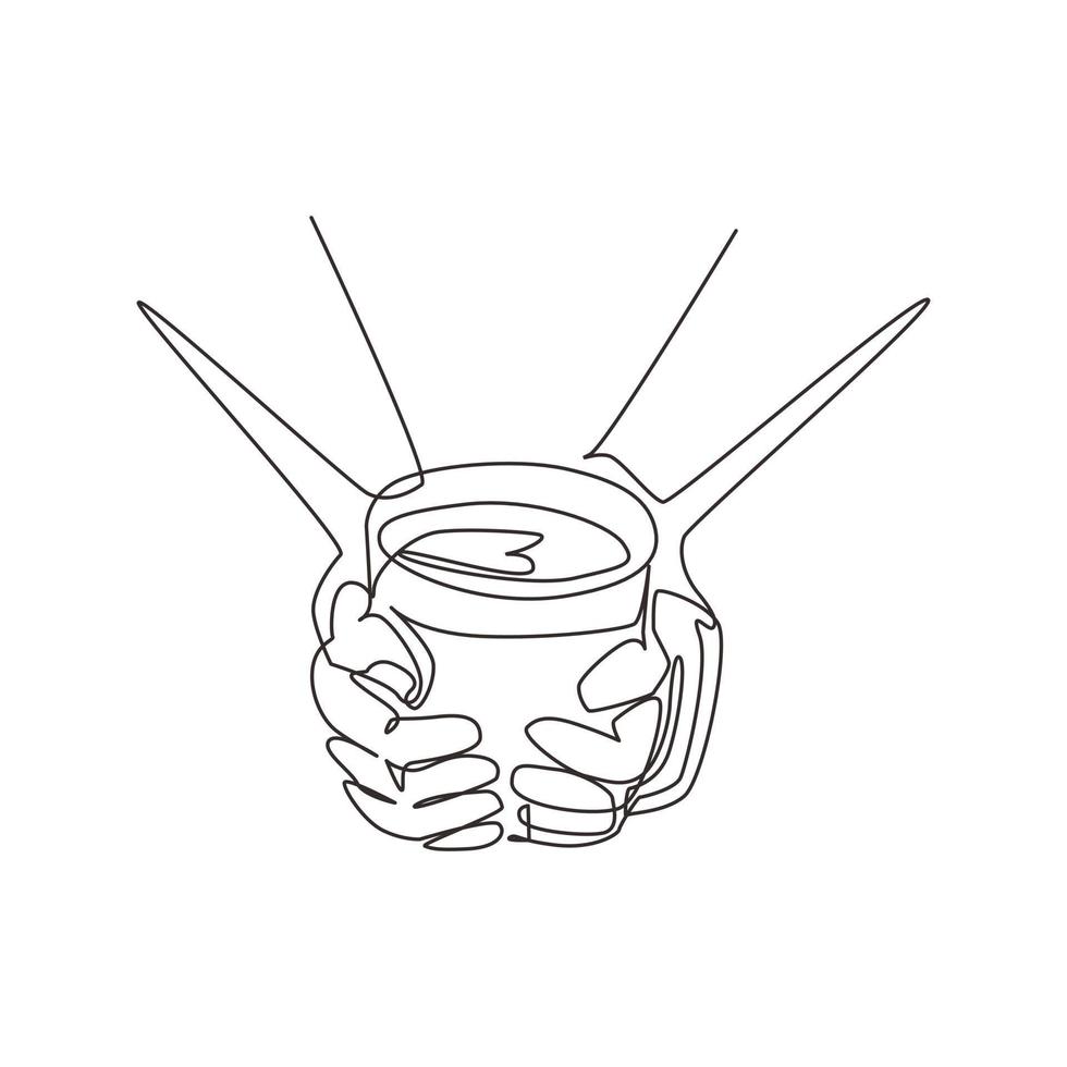 Single one line drawing cup of tea in hands of men. Man warming hands touching a hot cup of tea. Time relax in the morning with tea or coffee. Continuous line draw design graphic vector illustration