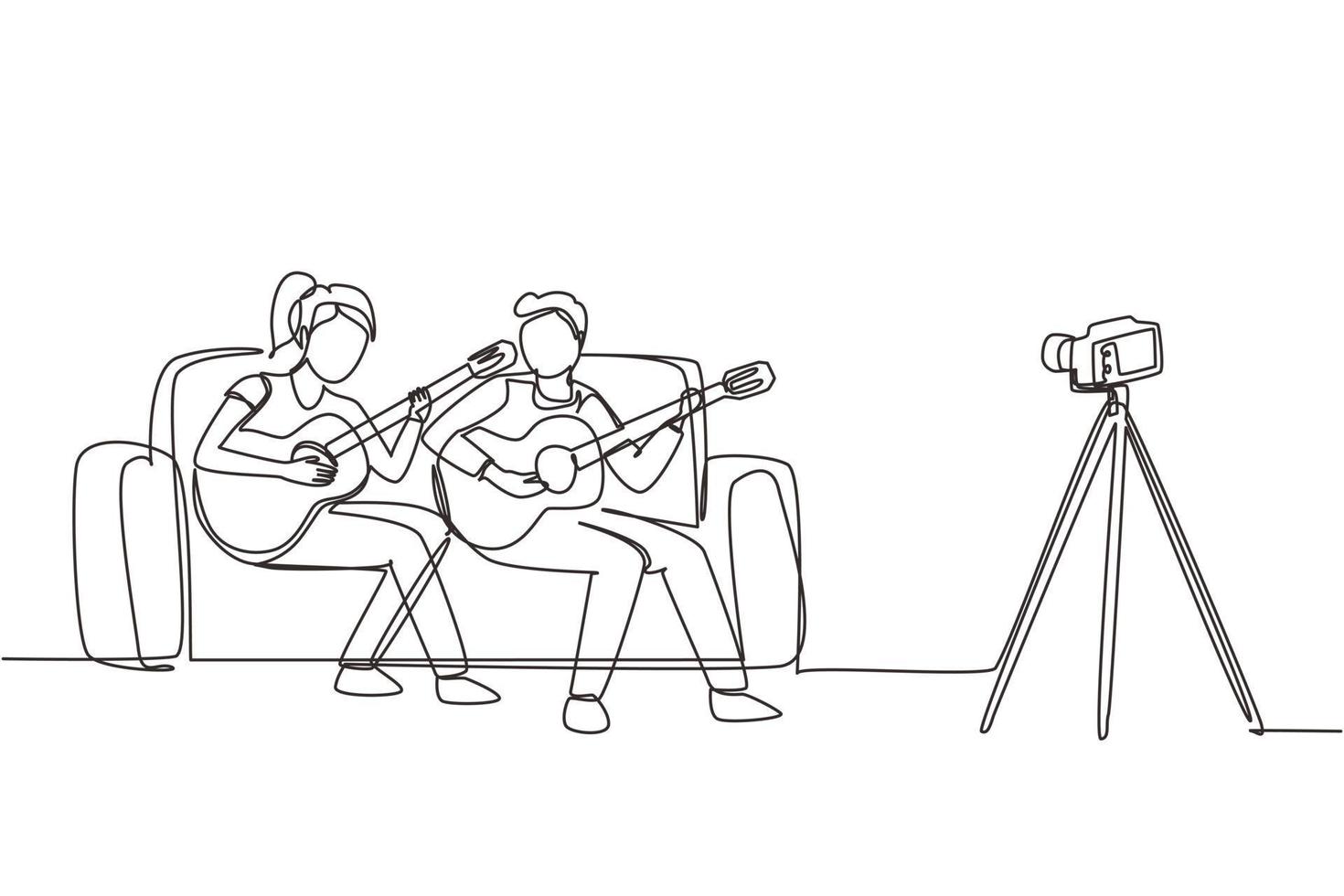 Single continuous line drawing couple vlog influencer performing music show to streaming internet online audience listening at home. Man woman playing guitar and sing song. One line draw design vector