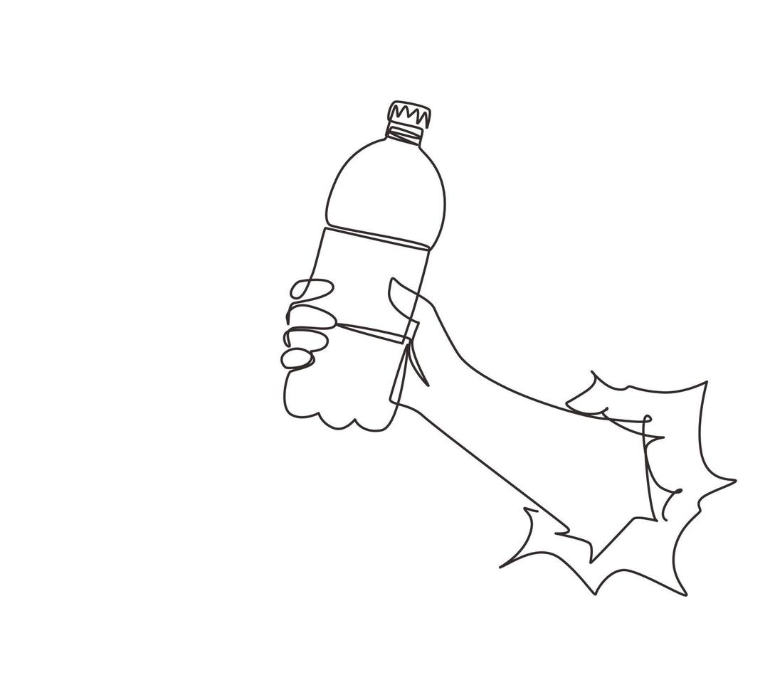 mano de dibujo de una sola línea sosteniendo una botella de plástico de agua potable pura refrescante, salpicada a través de papel blanco roto. concepto hambriento y sediento de buena salud. vector de diseño de dibujo de línea continua