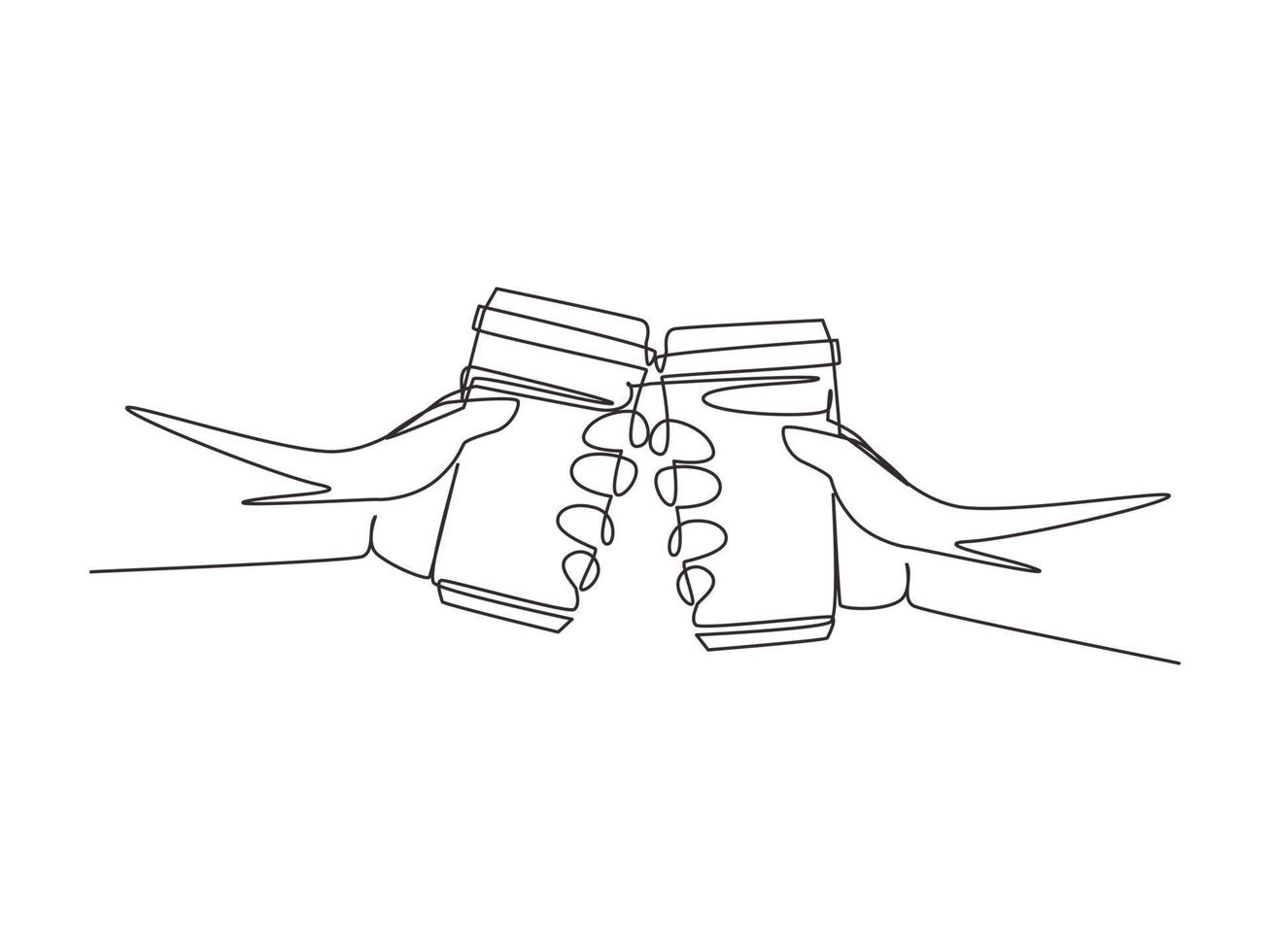 Continuous one line drawing couple is toasting with paper cup and drink coffee. Close-up cropped view of two human hands holding disposable cups. Single line draw design vector graphic illustration