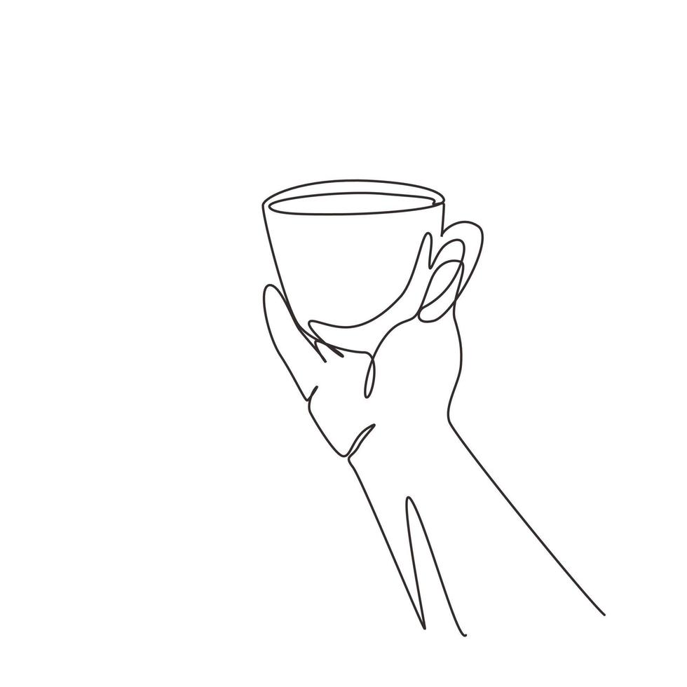 Continuous one line drawing hand hold cup of coffee steam light bulb. Worker want to drink coffee before work. Happy break morning time at office. Single line draw design vector graphic illustration