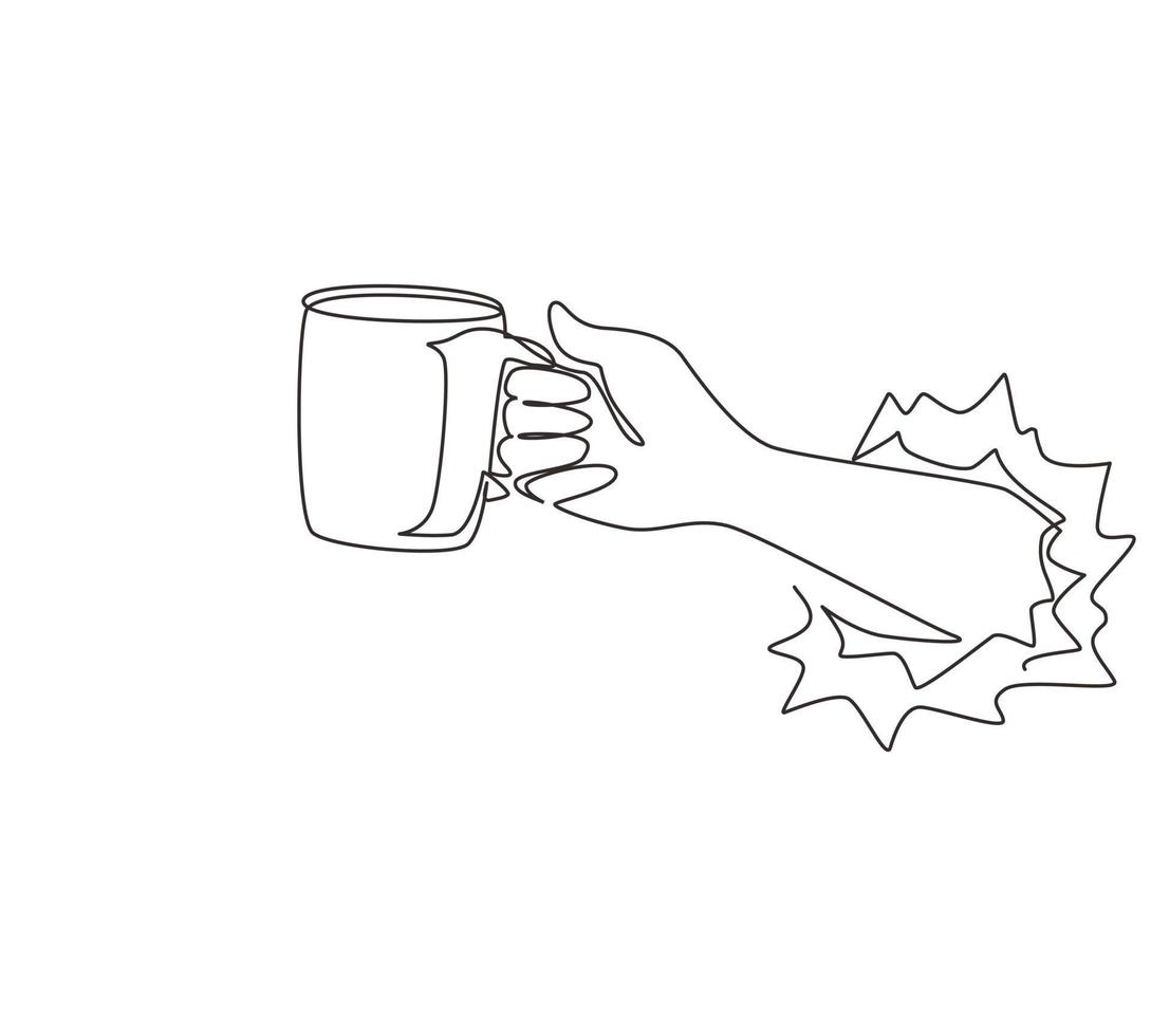 Single continuous line drawing hand holding mug of coffee through torn white paper. Have break and refreshing drink. Energizing drink to wake up at morning. One line draw design vector illustration