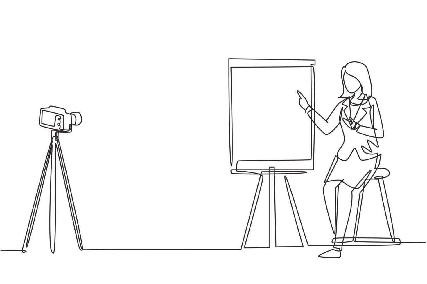 Continuous one line drawing woman giving presentation to camera doing webinar. The concept of blogging, online training and conferences. Camera on tripod. Single line draw design vector illustration