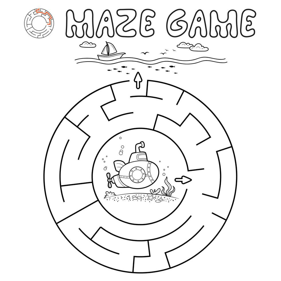 Maze puzzle game for children. Outline circle maze or labyrinth game with submarine. vector