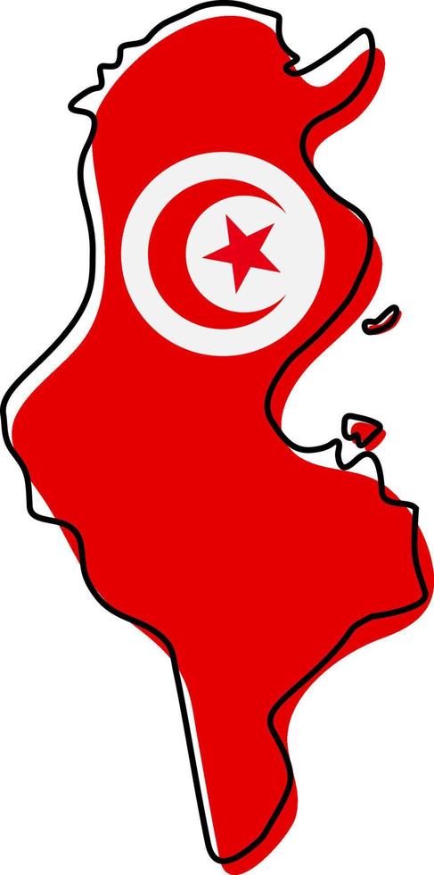 Stylized outline map of Tunisia with national flag icon. Flag color map of Tunisia vector illustration.