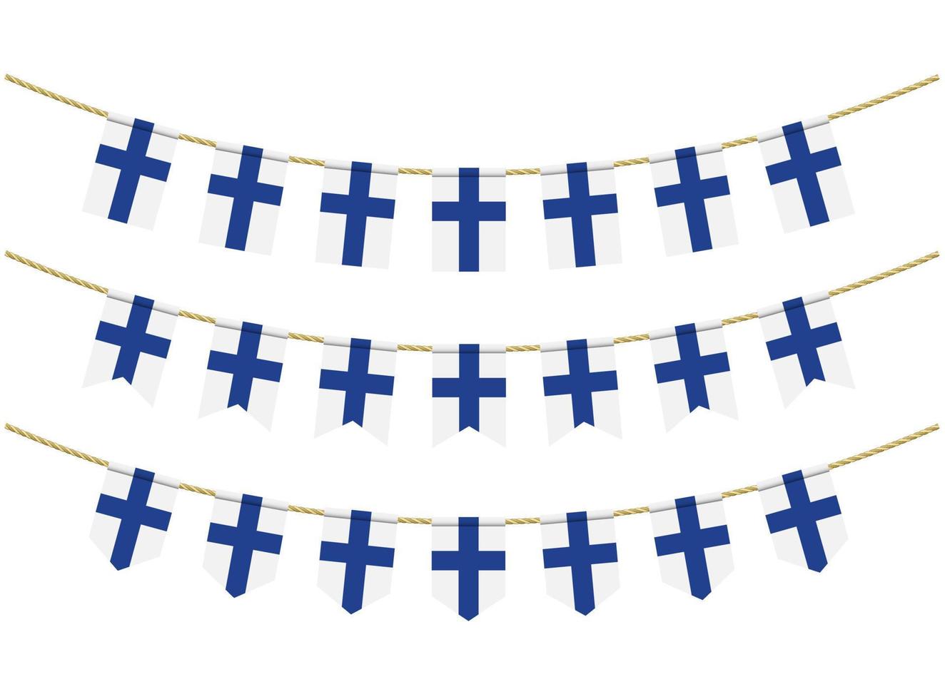 bandera finlandesa en las cuerdas sobre fondo blanco. conjunto de banderas patrióticas del empavesado. decoración del empavesado de la bandera de finlandia vector