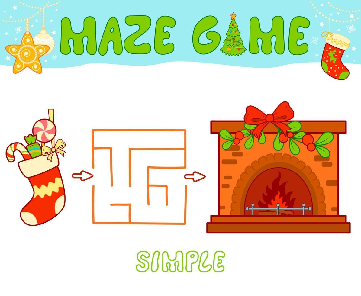 juego de rompecabezas de laberinto navideño para niños. simple juego de laberinto o laberinto con calcetín navideño y chimenea. vector