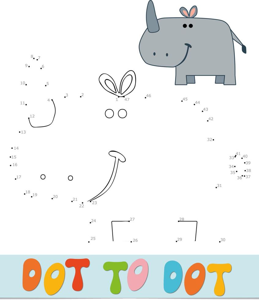 Dot to dot puzzle for children. Connect dots game. Rhino vector illustration