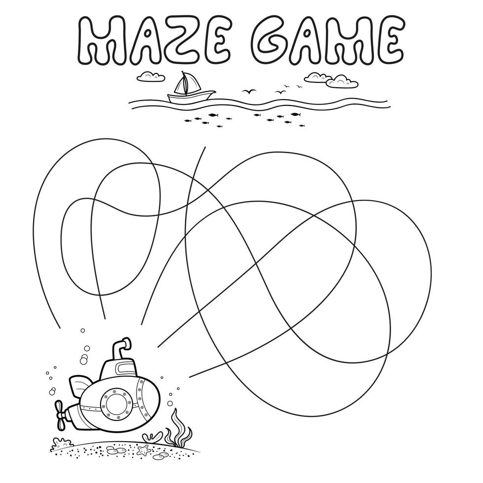 Maze puzzle game for children. Outline maze or labyrinth. Find path game with submarine. vector