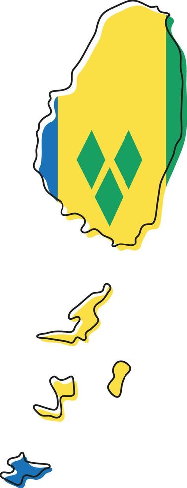 Stylized outline map of Saint Vincent and the Grenadines with national flag icon. Flag color map of Saint Vincent and the Grenadines vector illustration.
