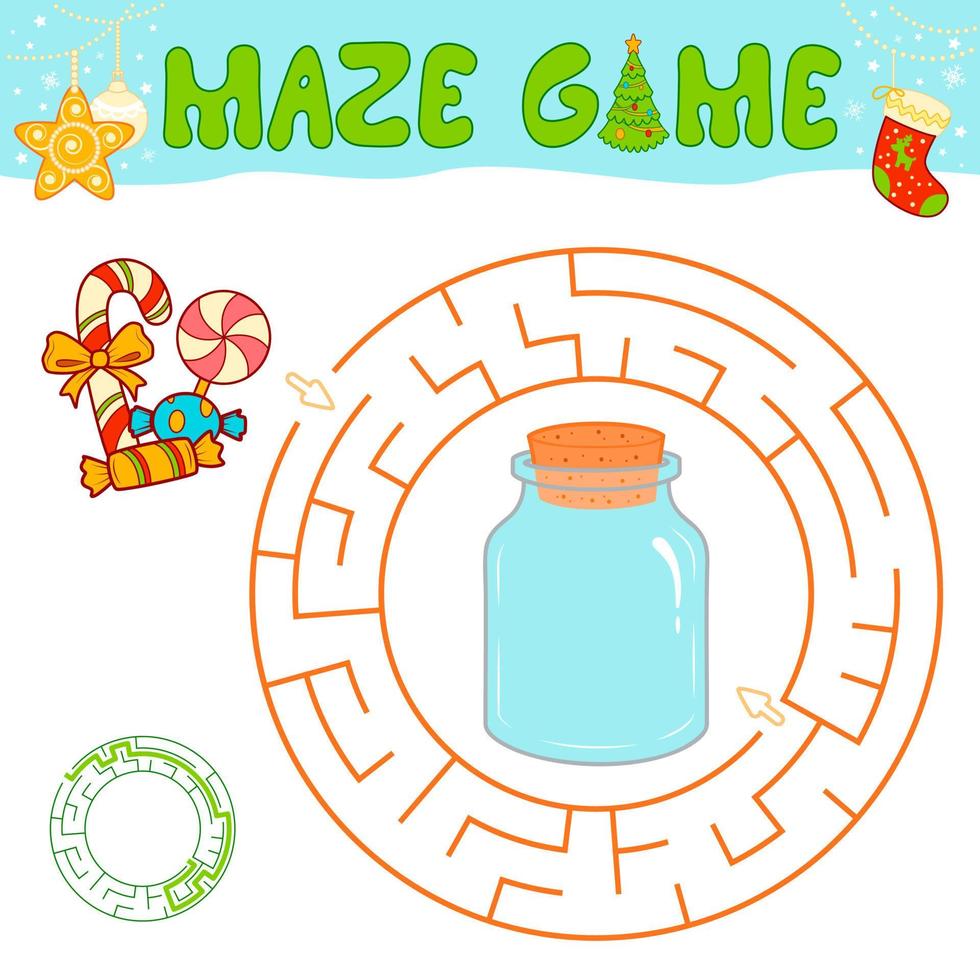 Christmas maze puzzle game for children. Circle maze or labyrinth game with Christmas Candy. vector