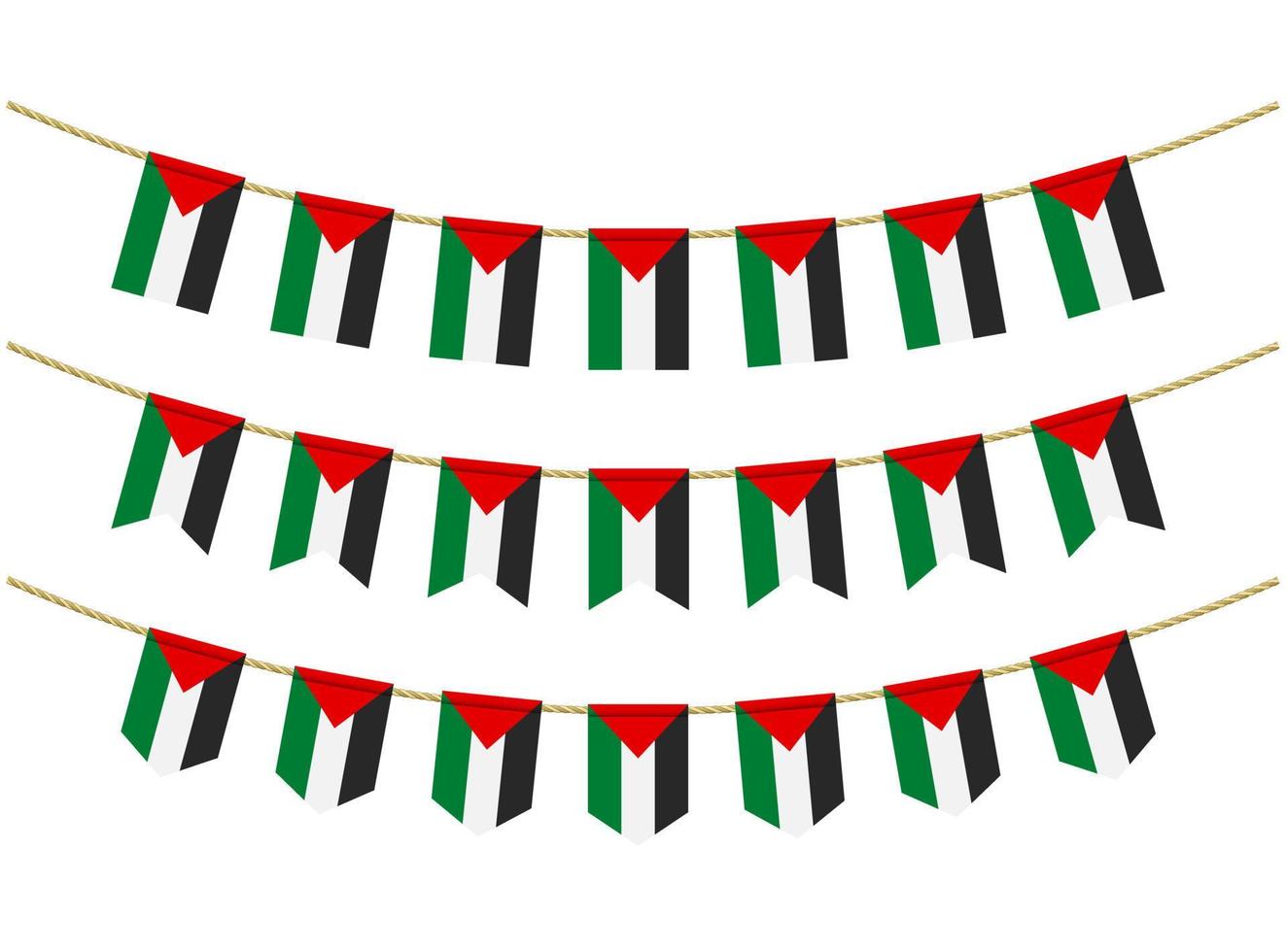 bandera palestina en las cuerdas sobre fondo blanco. conjunto de banderas patrióticas del empavesado. decoración del empavesado de la bandera palestina vector