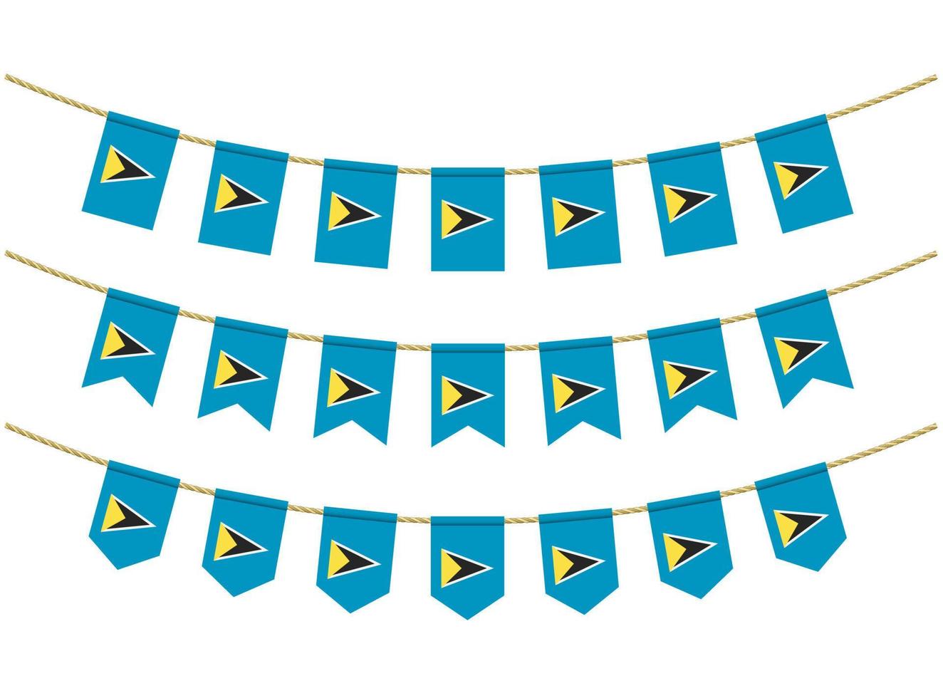 Saint Lucia flag on the ropes on white background. Set of Patriotic bunting flags. Bunting decoration of Saint Lucia flag vector