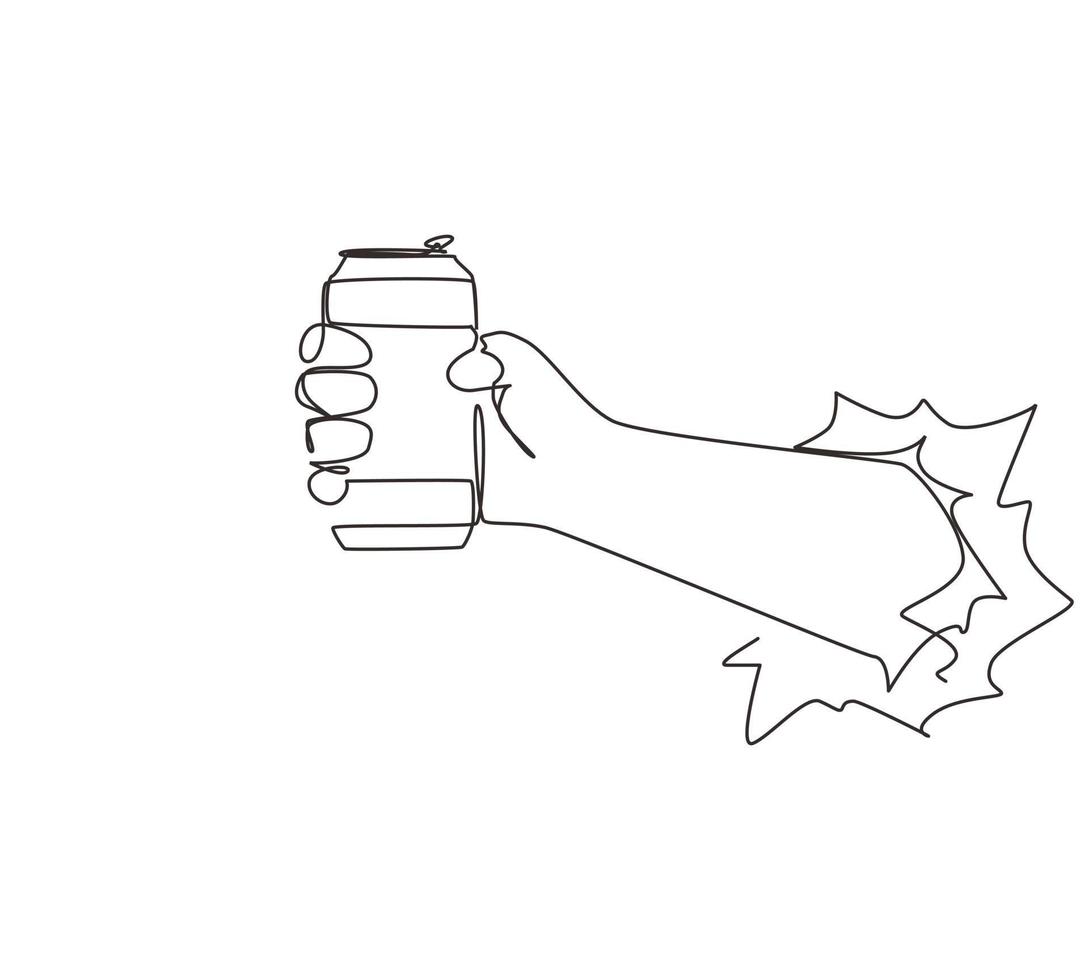 Single one line drawing hand holding a aluminum can drink through torn white paper without label. Beverages in metal container. Refreshing drink for people. Continuous line draw design graphic vector