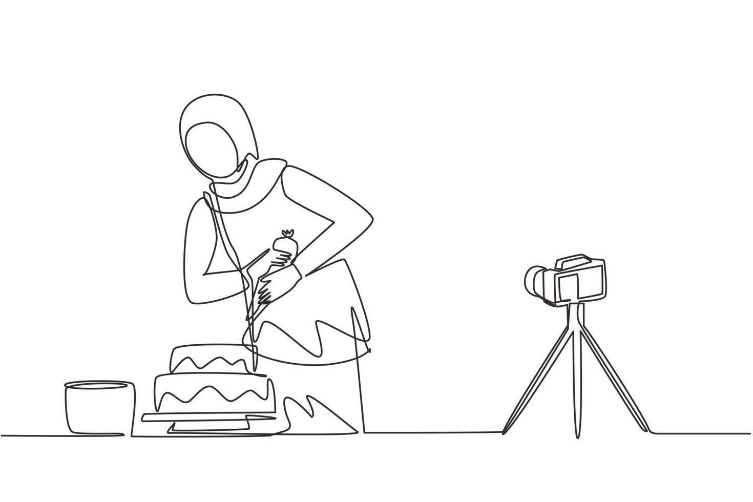 Single continuous line drawing Arab girl baking, decorating cake at kitchen. Woman blogger recording video on camera, using tripod, posting it on social media. One line draw design vector illustration