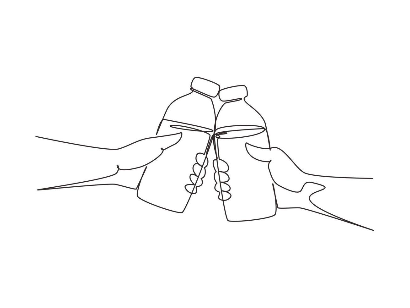 Single one line drawing cheers. Toast with milk. Two hands. Toast with two hand with milk. Bottle of milk. Man and woman enjoying drink together. Healthy lifestyle. Continuous line draw design vector