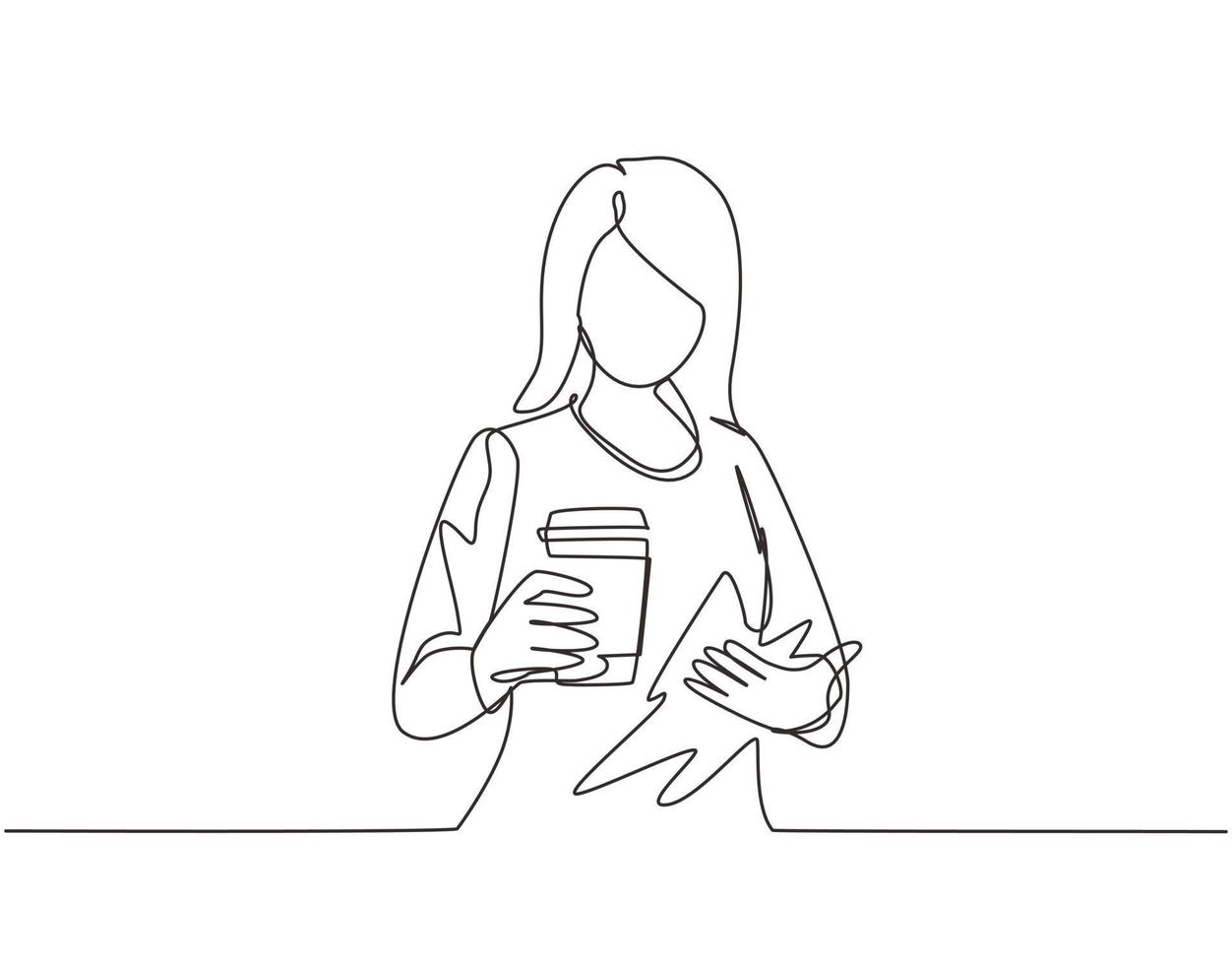 Single continuous line drawing beautiful young woman holding and showing paper cup of hot coffee on street city. Enjoys leisure time, dressed in stylish clothes. One line draw graphic design vector
