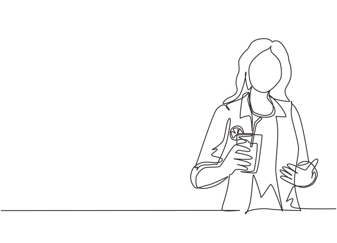 Single one line drawing happy woman showing summer refreshing fruit flavored infused water with fresh organic lemon, lime, mint at glass. Relax time. Continuous line draw design vector illustration