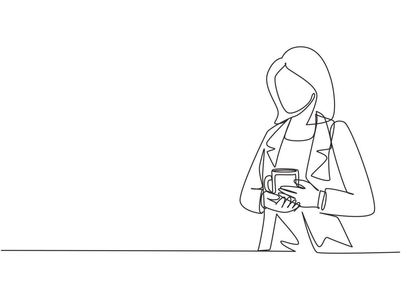 Single one line drawing smiling attractive business woman in her office holding mug of coffee. Female holding coffee mug enjoying work from home office. Continuous line draw design vector illustration
