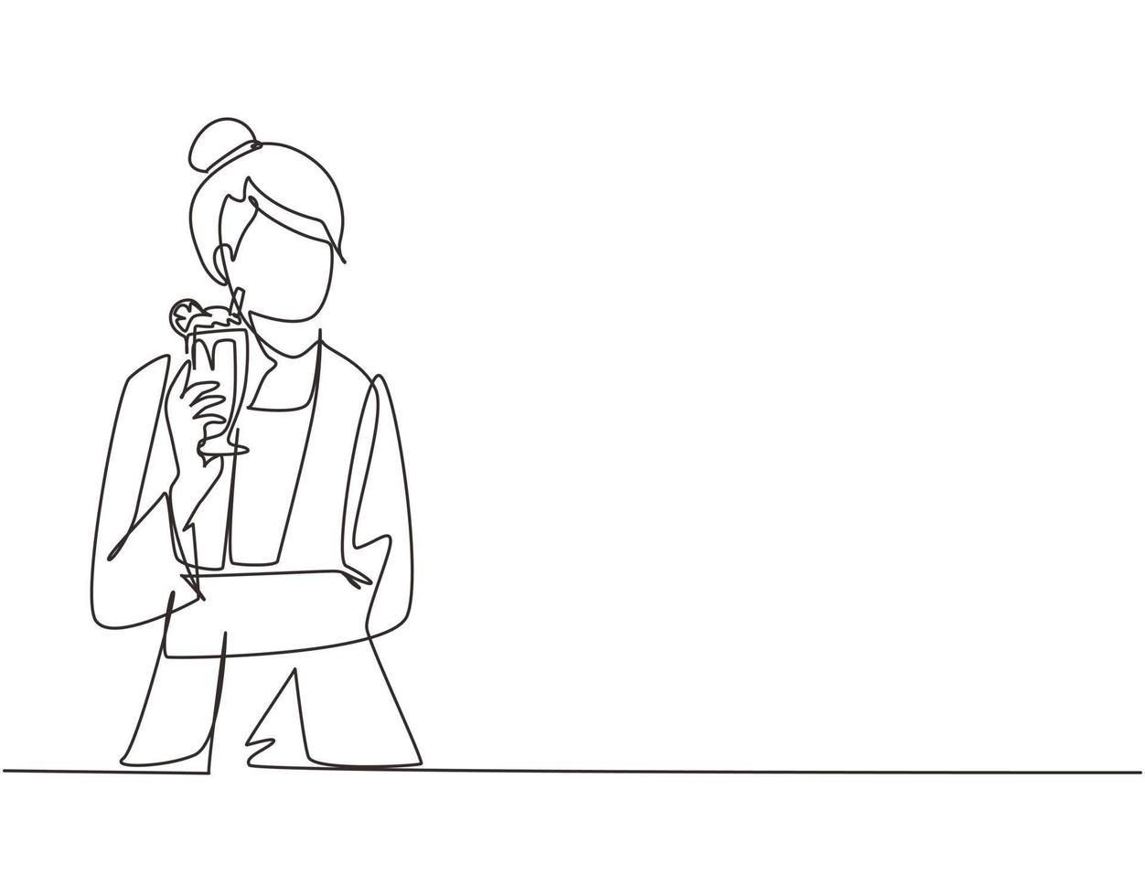 Single continuous line drawing young woman holding glass of milkshake in office. Attractive lady having break at work and drink milkshake with slice of orange. One line draw design vector illustration
