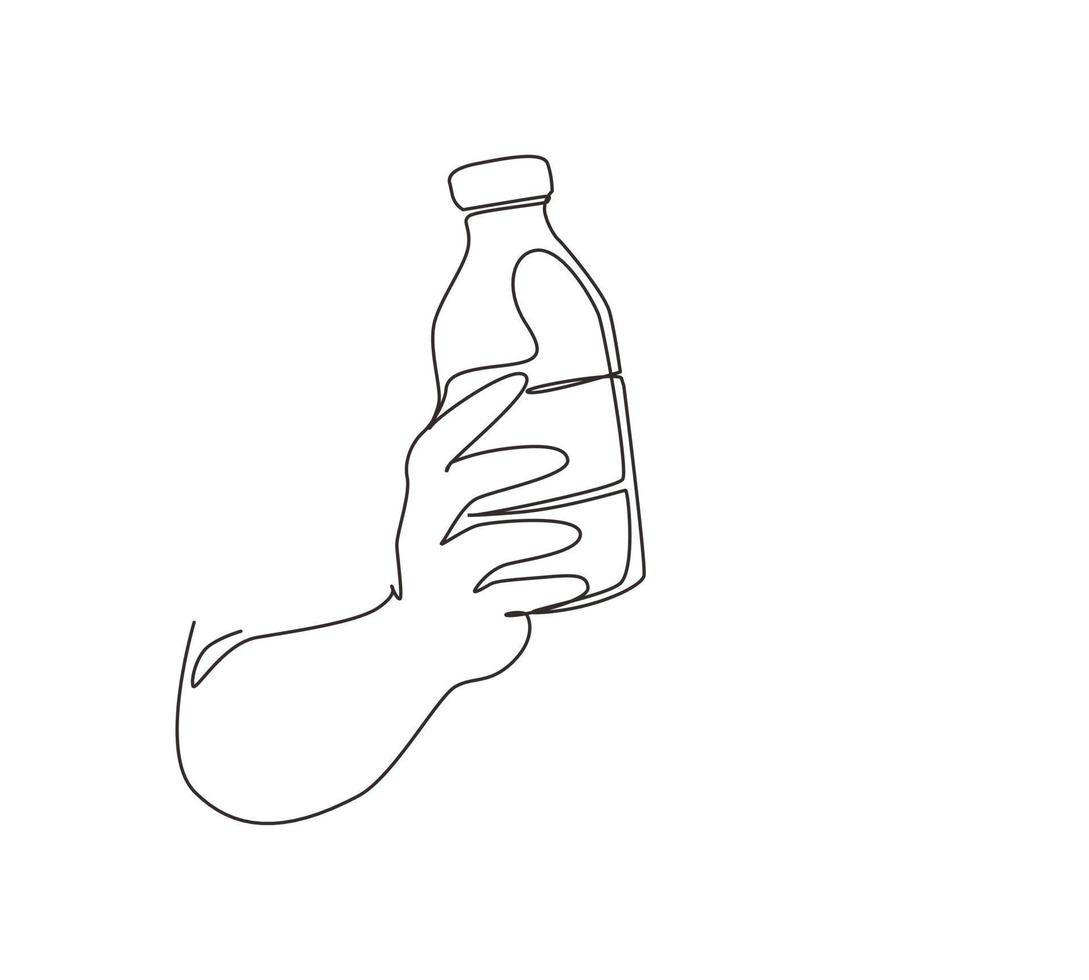 Single continuous line drawing hand holding fresh milk on bottle glass packaging healthy drink product. Fresh milk for health food nutrition. Dynamic one line draw graphic design vector illustration