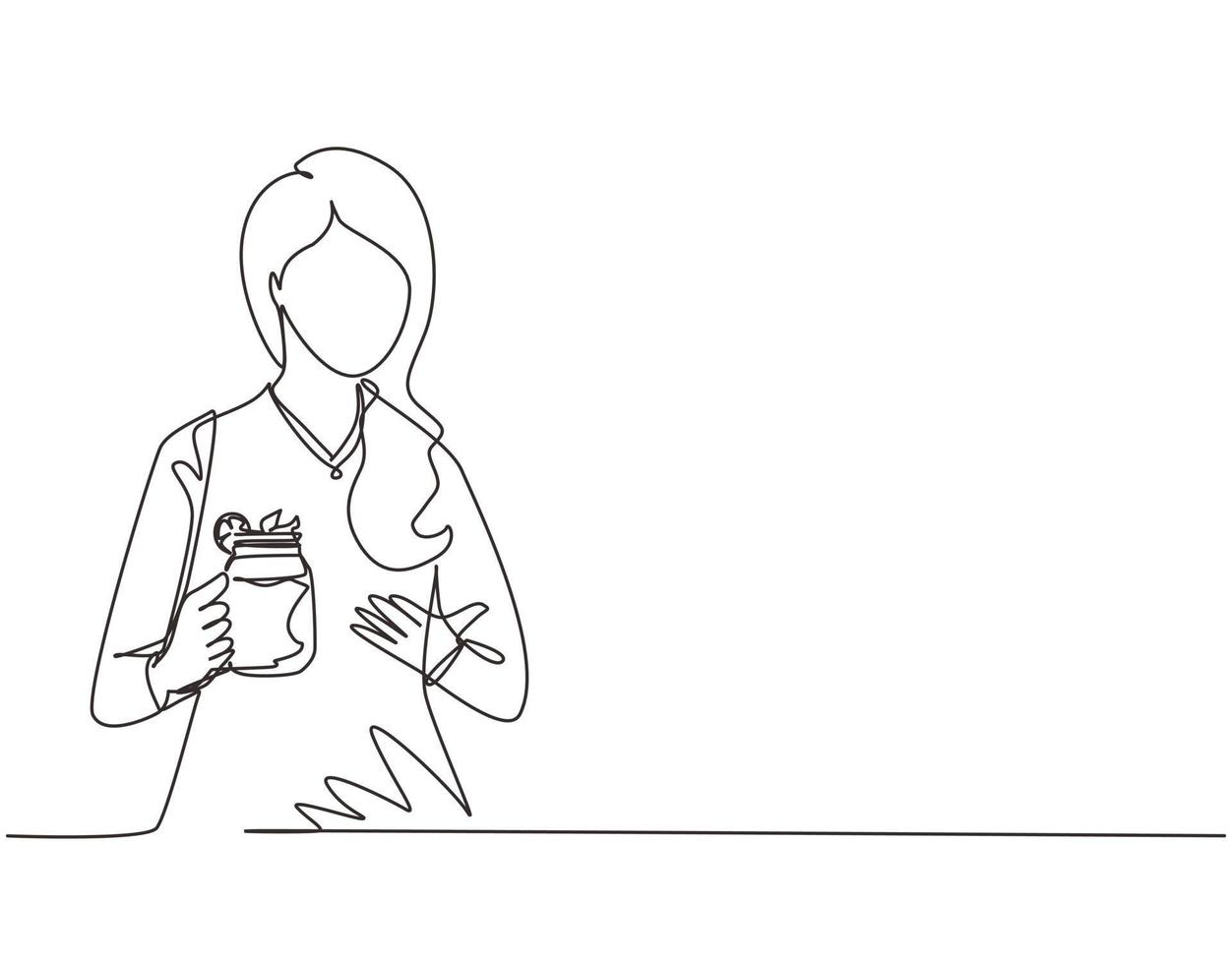Continuous one line drawing pretty woman holds and show mug of lemonade with ice in hand. Young girl wearing shirt having morning breakfast with orange juice. Single line draw design vector graphic