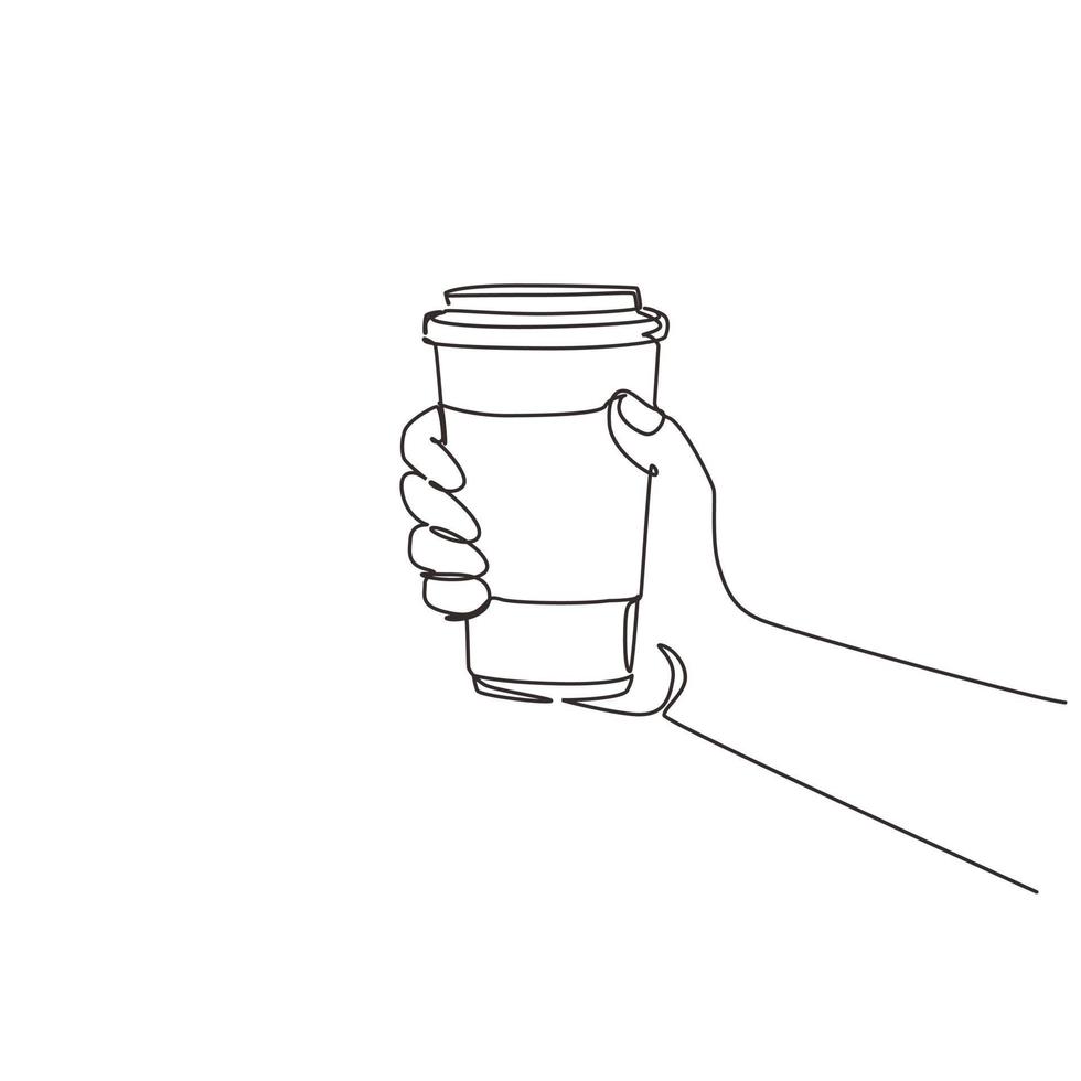 Single one line drawing hands in side view hold paper to go take away coffee or tea cups. Hand holding reusable mug of hot coffee. Zero waste. Continuous line draw design graphic vector illustration