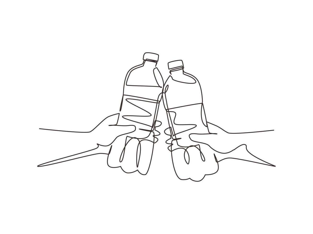 Continuous one line drawing Cheers. Healthy couple cheering with fresh water bottle after successful workout training at outdoor park in evening summer. Single line draw design vector illustration