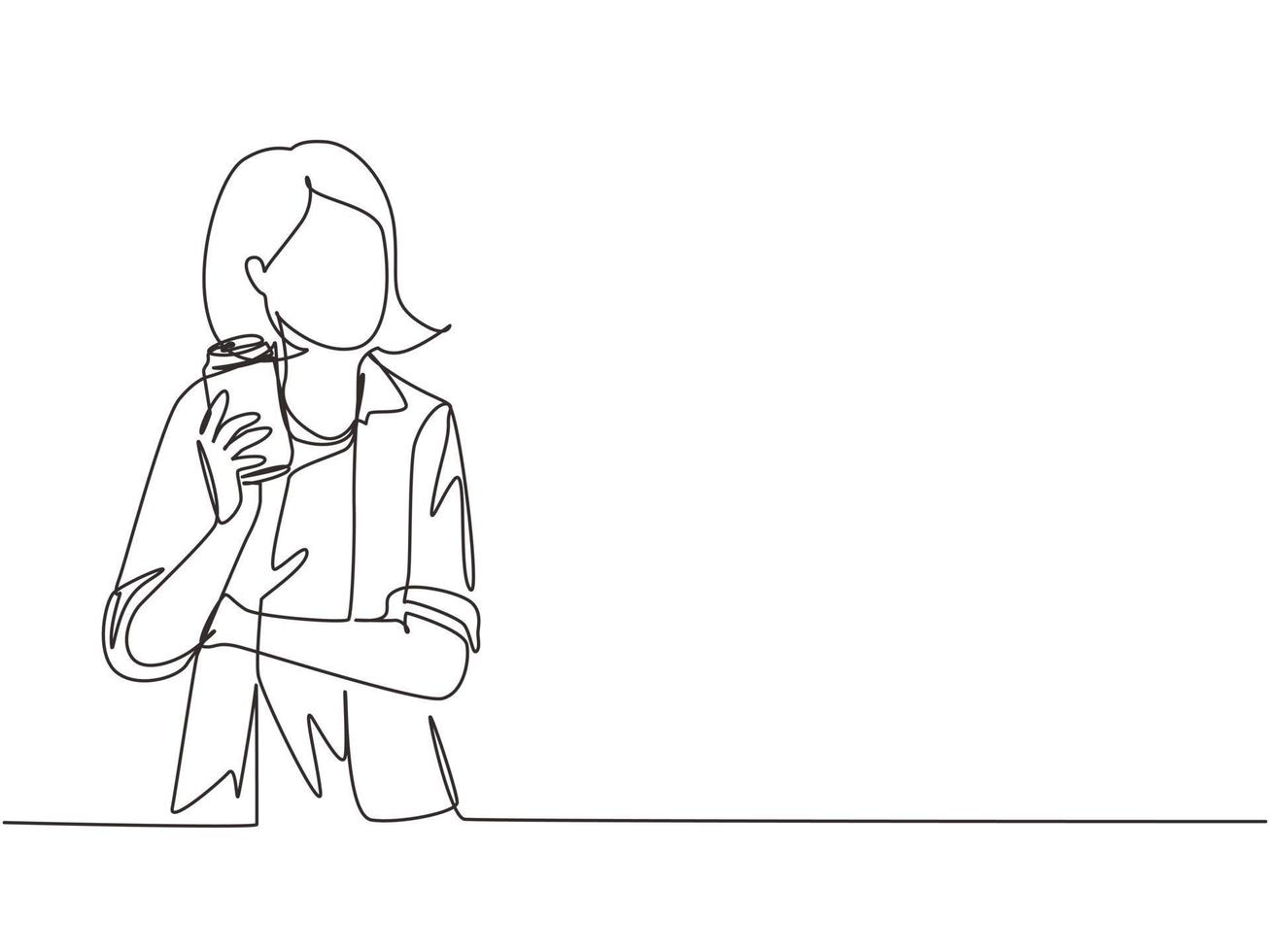 una sola línea dibujando una mano de mujer que muestra un refresco de soda una lata sentada en el sofá en la sala de estar en casa. chica con bebida energética. ilustración de vector gráfico de diseño de dibujo de línea continua moderna