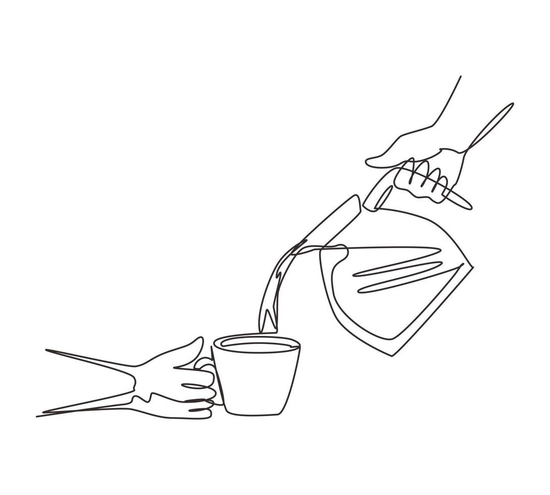 Continuous one line drawing man is pouring hot black coffee from coffee pot into cup on in the morning. Brewing coffee at home. Stainless steel pot. Morning routine. Single line draw design vector